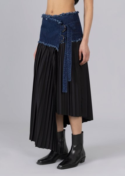 画像1: ESTHE - Pleated Asymmetric Wool and Denim Midi Skirt  デニム x プリーツスカート - Navy/Black (1)